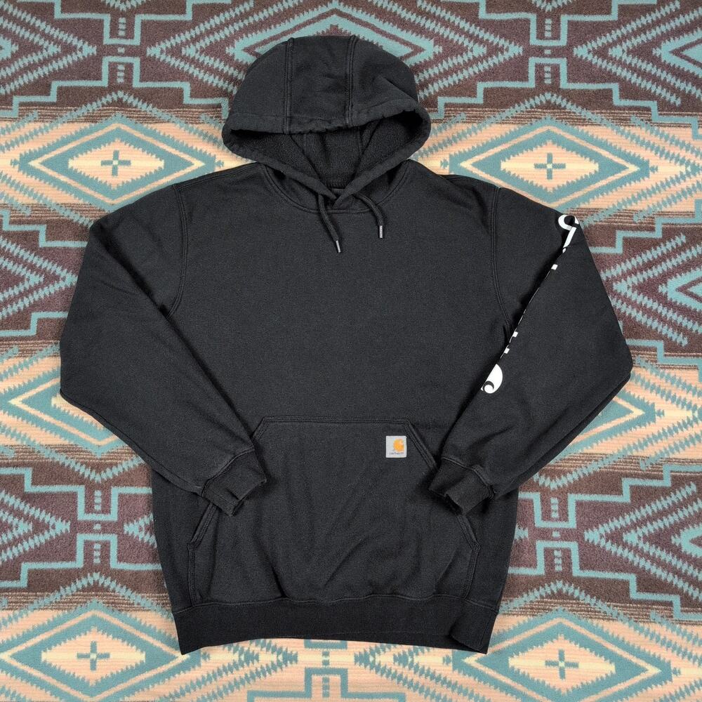 Carhartt Hoodie Mens Medium Black Sleeve Logo Pullover Sweatshirt Loose Fit
